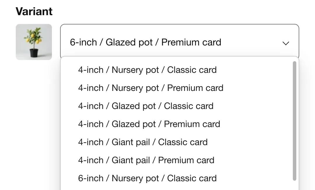 Illustration of a Shopify product page whose one Variant dropdown lists every tree size, pot and card combination