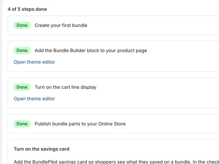 BundlePilot Setup page with 4 of 5 steps done