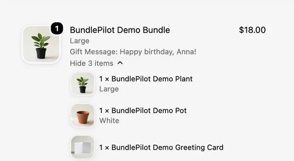 Checkout on the demo store: the bundle line with its gift message and its three parts listed